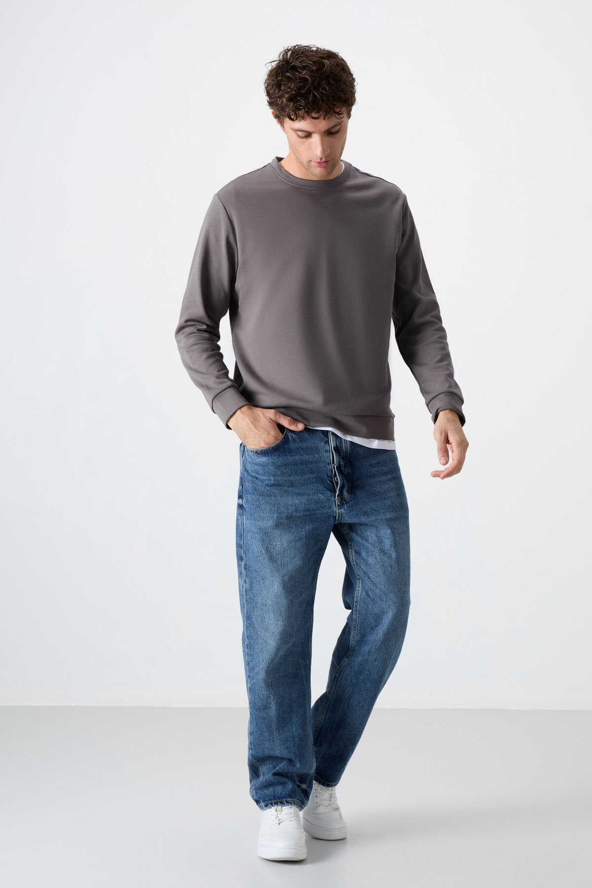 Tommylife Toptan O Yaka Rahat Form Basic Erkek Sweatshirt 88053 Koyu Gri
