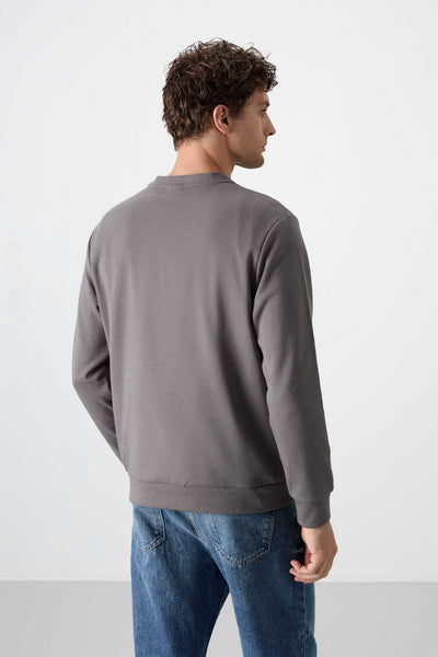 Tommylife Toptan O Yaka Rahat Form Basic Erkek Sweatshirt 88053 Koyu Gri