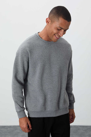 Tommylife Toptan O Yaka Rahat Kalıp Basic Erkek Sweatshirt 88418 Gri Melanj
