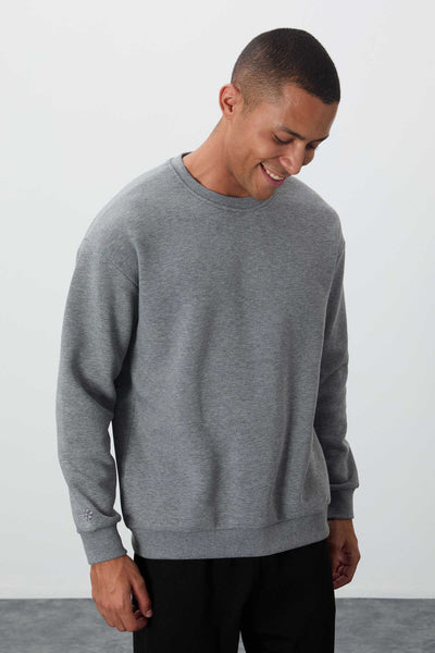 Tommylife Toptan O Yaka Rahat Kalıp Basic Erkek Sweatshirt 88418 Gri Melanj