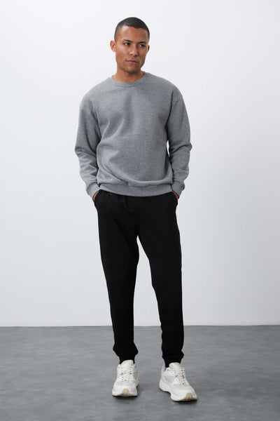 Tommylife Toptan O Yaka Rahat Kalıp Basic Erkek Sweatshirt 88418 Gri Melanj