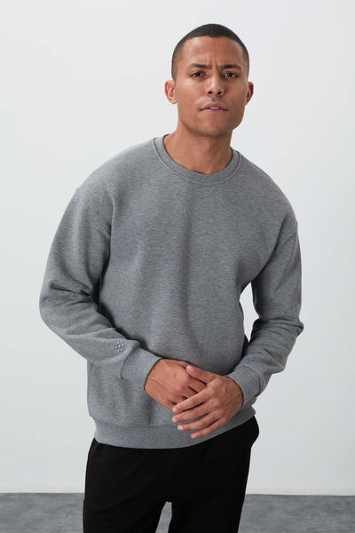 Tommylife Toptan O Yaka Rahat Kalıp Basic Erkek Sweatshirt 88418 Gri Melanj