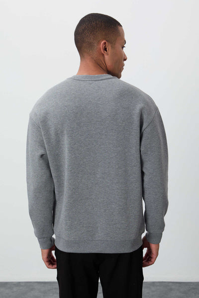 Tommylife Toptan O Yaka Rahat Kalıp Basic Erkek Sweatshirt 88418 Gri Melanj