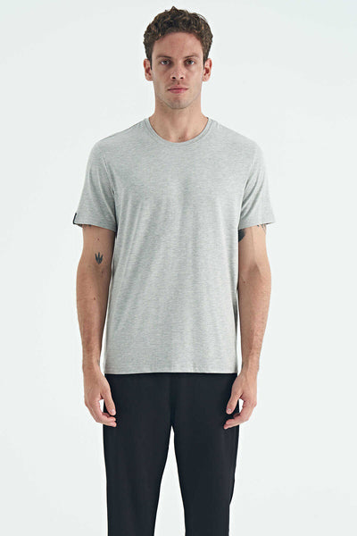 Tommylife Toptan O Yaka Standart Kalıp Basic Erkek T-Shirt 87911 Açık Gri Melanj