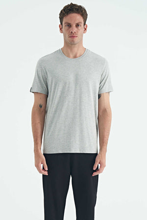 Tricou bărbătesc Tommylife Wholesale cu guler rotund, croială standard, de bază, 87911, gri deschis, melanj