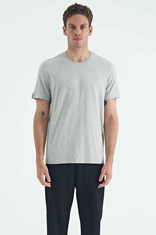 Tricou bărbătesc Tommylife Wholesale cu guler rotund, croială standard, de bază, 87911, gri deschis, melanj