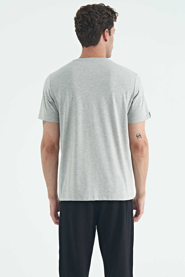 Tricou bărbătesc Tommylife Wholesale cu guler rotund, croială standard, de bază, 87911, gri deschis, melanj