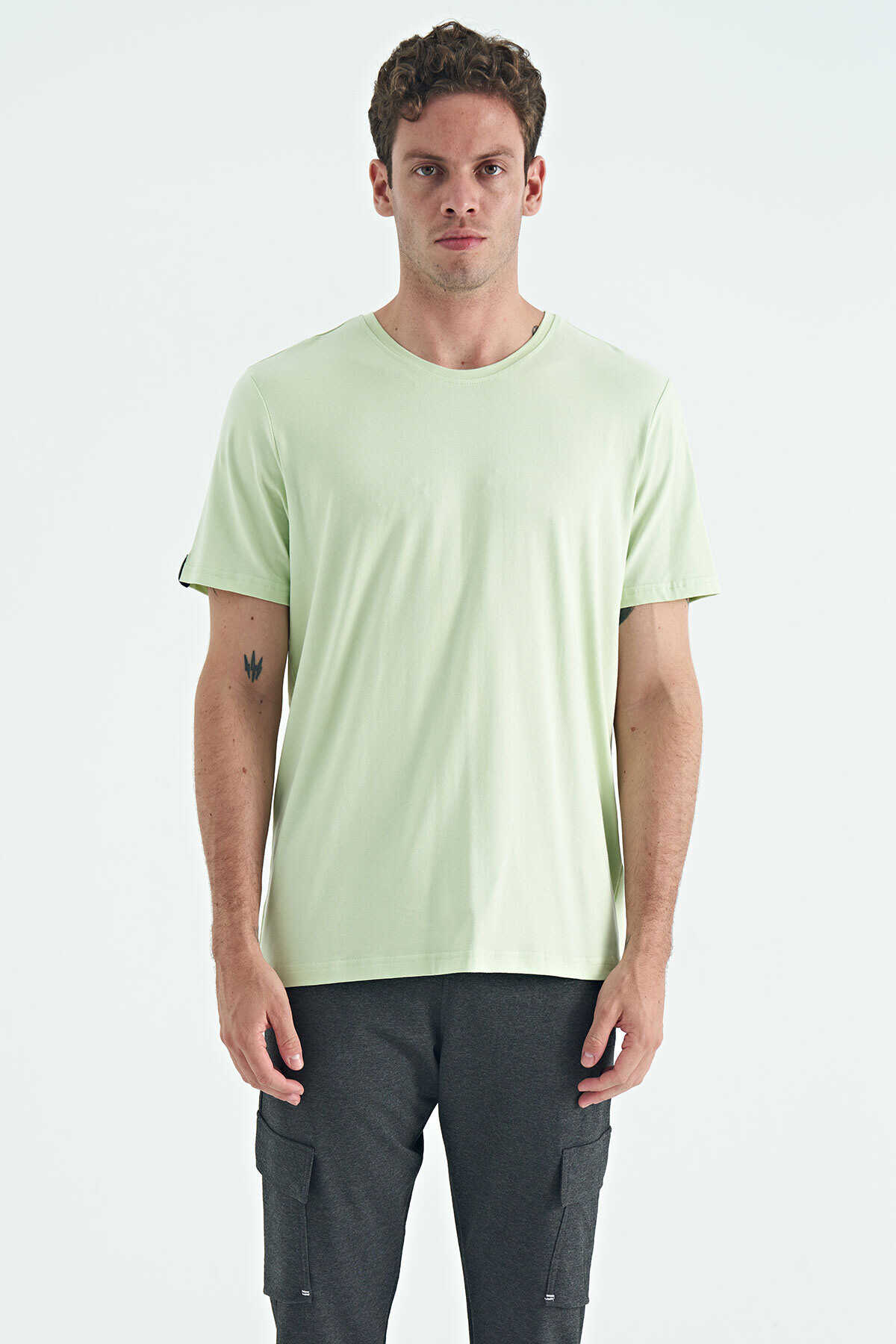 Tommylife Toptan O Yaka Standart Kalıp Basic Erkek T-Shirt 87911 Açık Yeşil