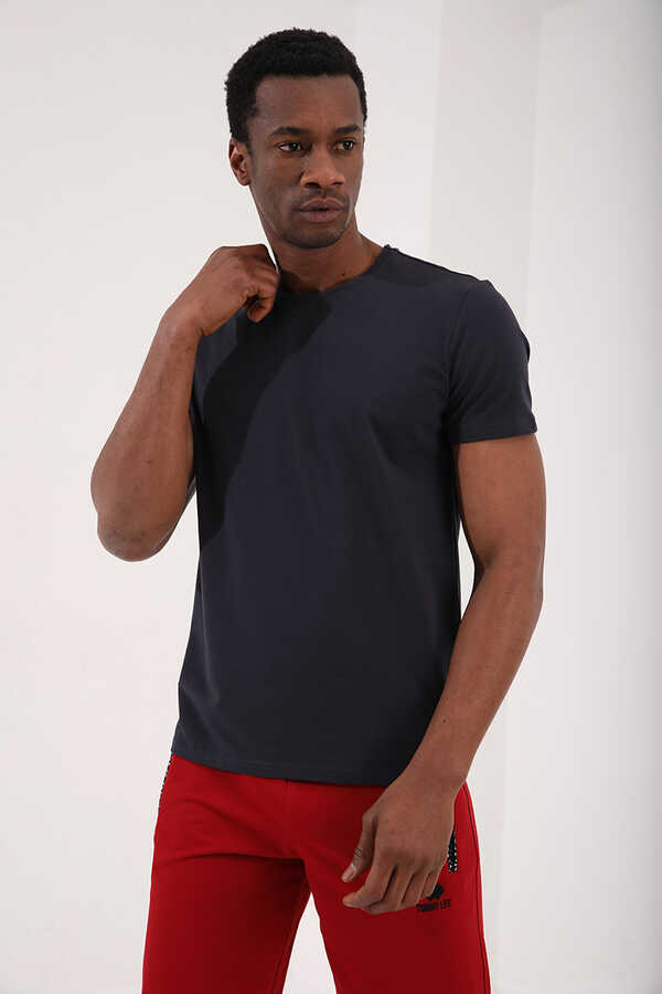 Tommylife Toptan O Yaka Standart Kalıp Basic Erkek T-Shirt 87911 Antrasit