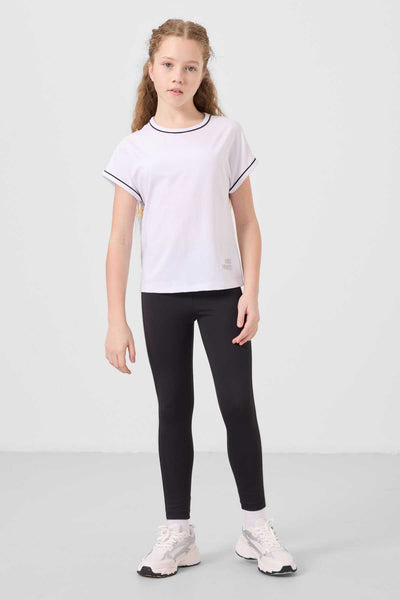 Tommylife Toptan O Yaka Yan Şerit Detaylı Standart Fit Performans Kız Çocuk Tayt Takım 75191 Beyaz Siyah