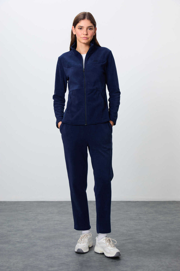 Tommylife Toptan Oversize Dik Yaka Klasik Paça Kadın Polar Eşofman Takımı 95339 Lacivert