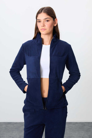 Tommylife Toptan Oversize Dik Yaka Klasik Paça Kadın Polar Eşofman Takımı 95339 Lacivert