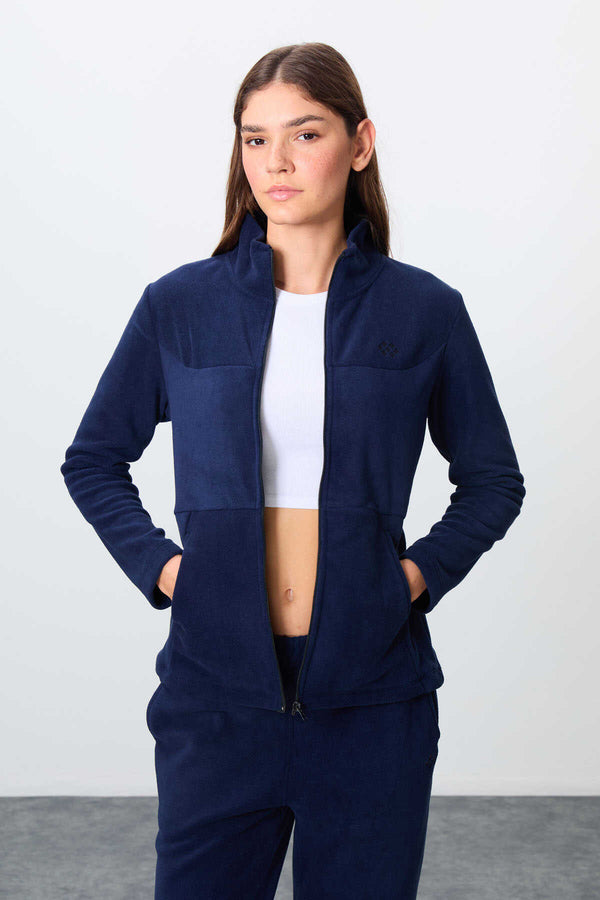Tommylife Toptan Oversize Dik Yaka Klasik Paça Kadın Polar Eşofman Takımı 95339 Lacivert