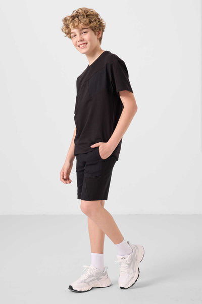 Tommylife Toptan Pamuklu Oversize Fit Dokuma Hafif Esnek Chino Erkek Çocuk Şort Takım 11275 Siyah