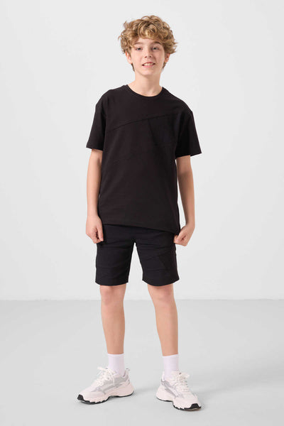 Tommylife Toptan Pamuklu Oversize Fit Dokuma Hafif Esnek Chino Erkek Çocuk Şort Takım 11275 Siyah