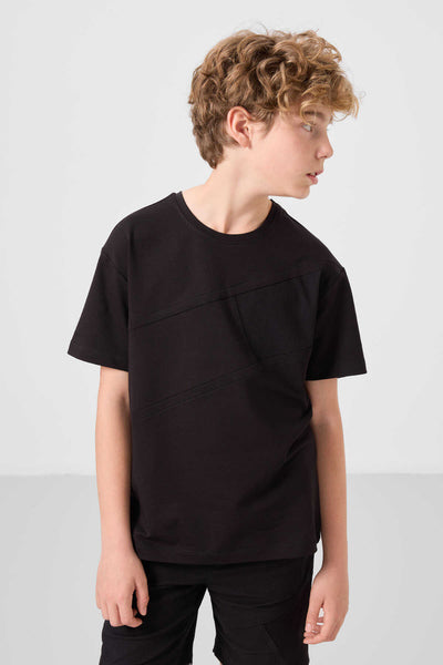 Tommylife Toptan Pamuklu Oversize Fit Dokuma Hafif Esnek Chino Erkek Çocuk Şort Takım 11275 Siyah