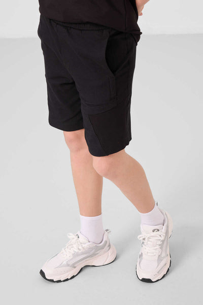 Tommylife Toptan Pamuklu Oversize Fit Dokuma Hafif Esnek Chino Erkek Çocuk Şort Takım 11275 Siyah