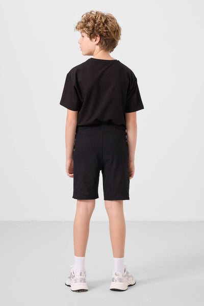 Tommylife Toptan Pamuklu Oversize Fit Dokuma Hafif Esnek Chino Erkek Çocuk Şort Takım 11275 Siyah