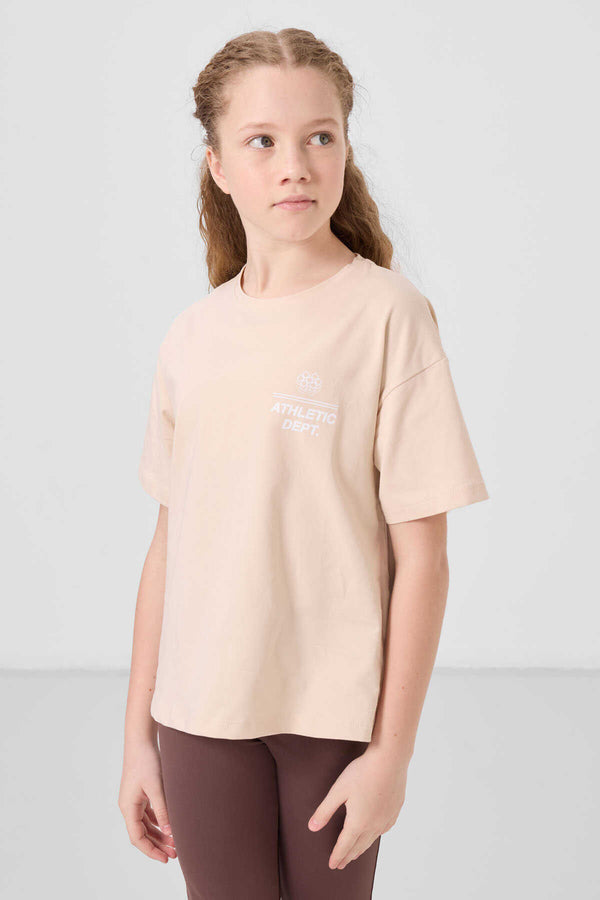 Tommylife Toptan Pamuklu O Yaka Oversize Fit Basic Kız Çocuk T Shirt 75178 Bej