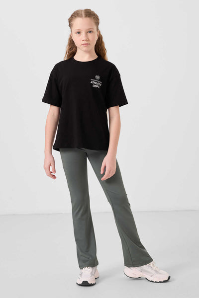 Tommylife Toptan Pamuklu O Yaka Oversize Fit Basic Kız Çocuk T Shirt 75178 Siyah