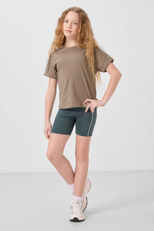 Tommylife Toptan Pamuklu O Yaka Oversize Fit Basic Kız Çocuk T Shirt 75182 Koyu Bej
