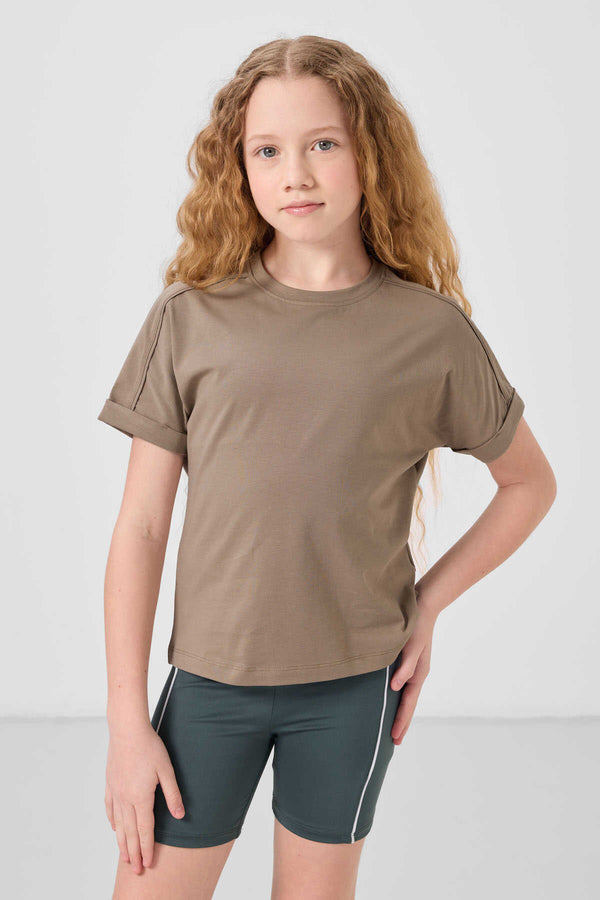 Tommylife Toptan Pamuklu O Yaka Oversize Fit Basic Kız Çocuk T Shirt 75182 Koyu Bej