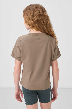 Tommylife Toptan Pamuklu O Yaka Oversize Fit Basic Kız Çocuk T Shirt 75182 Koyu Bej