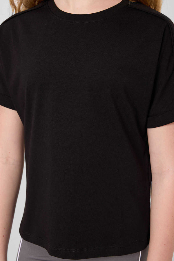 Tommylife Toptan Pamuklu O Yaka Oversize Fit Basic Kız Çocuk T Shirt 75182 Siyah