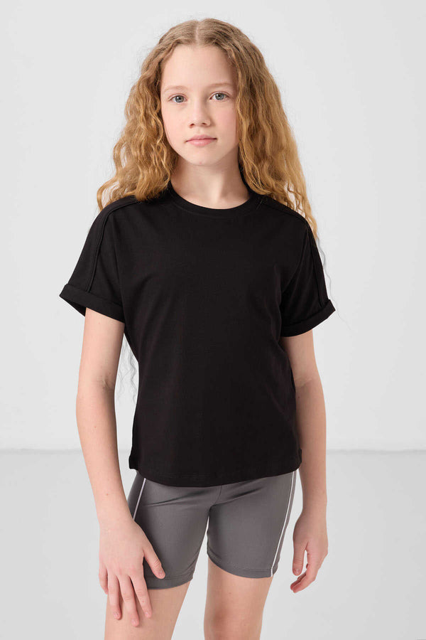Tommylife Toptan Pamuklu O Yaka Oversize Fit Basic Kız Çocuk T Shirt 75182 Siyah
