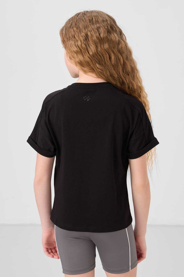 Tommylife Toptan Pamuklu O Yaka Oversize Fit Basic Kız Çocuk T Shirt 75182 Siyah