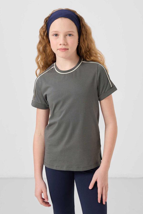 Tommylife Toptan Pamuklu O Yaka Oversize Fit Baskılı Kız Çocuk T Shirt 75177 Haki
