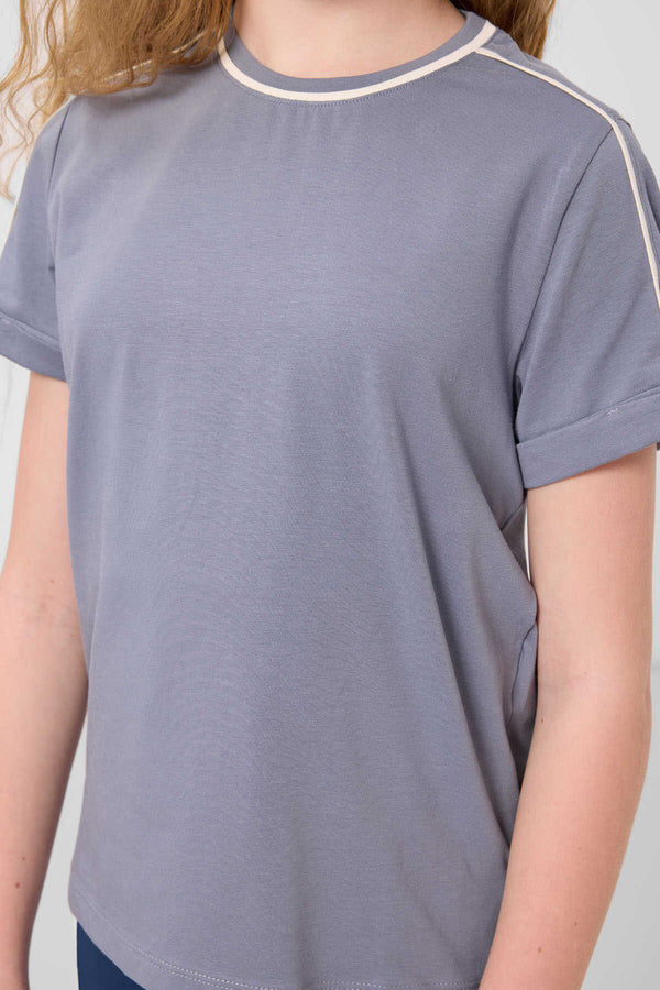 Tommylife Toptan Pamuklu O Yaka Oversize Fit Baskılı Kız Çocuk T Shirt 75177 Koyu Mavi