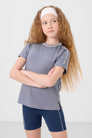 Tommylife Toptan Pamuklu O Yaka Oversize Fit Baskılı Kız Çocuk T Shirt 75177 Koyu Mavi