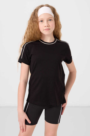 Tommylife Toptan Pamuklu O Yaka Oversize Fit Baskılı Kız Çocuk T Shirt 75177 Siyah