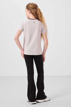 Tommylife Toptan Pamuklu O Yaka Standart Fit Basic İspanyol Paça Kız Çocuk Tayt Takım 75192 Taş Siyah
