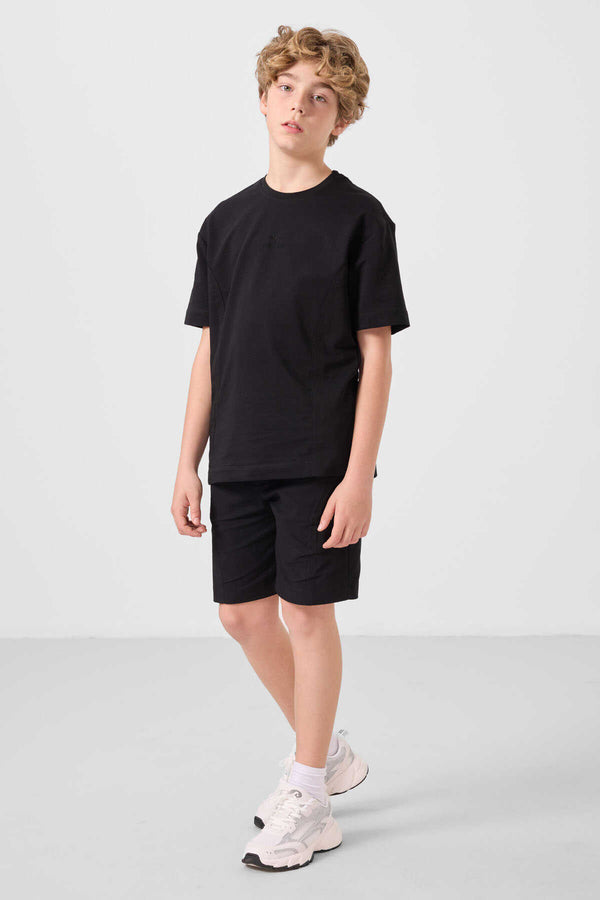 Tommylife Toptan Pamuklu Oversize Fit Dokuma Hafif Esnek Chino Erkek Çocuk Şort Takım 11276 Siyah