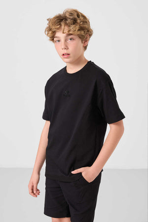 Tommylife Toptan Pamuklu Oversize Fit Dokuma Hafif Esnek Chino Erkek Çocuk Şort Takım 11276 Siyah