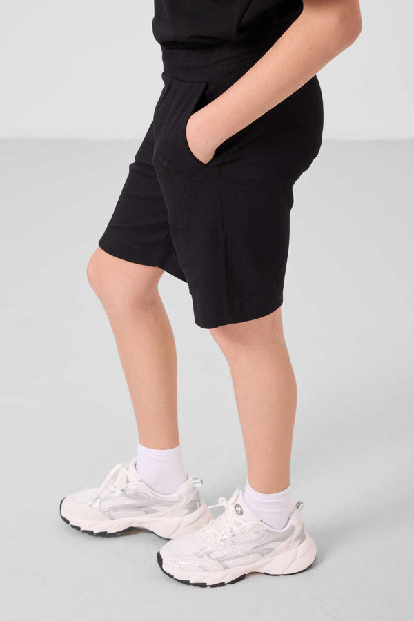 Tommylife Toptan Pamuklu Oversize Fit Dokuma Hafif Esnek Chino Erkek Çocuk Şort Takım 11276 Siyah