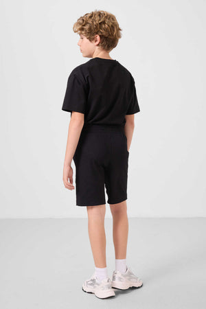 Tommylife Toptan Pamuklu Oversize Fit Dokuma Hafif Esnek Chino Erkek Çocuk Şort Takım 11276 Siyah