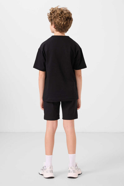 Tommylife Toptan Pamuklu Oversize Fit Dokuma Hafif Esnek Chino Erkek Çocuk Şort Takım 11278 Siyah