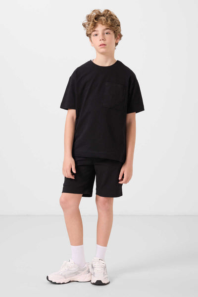 Tommylife Toptan Pamuklu Oversize Fit Dokuma Hafif Esnek Chino Erkek Çocuk Şort Takım 11278 Siyah