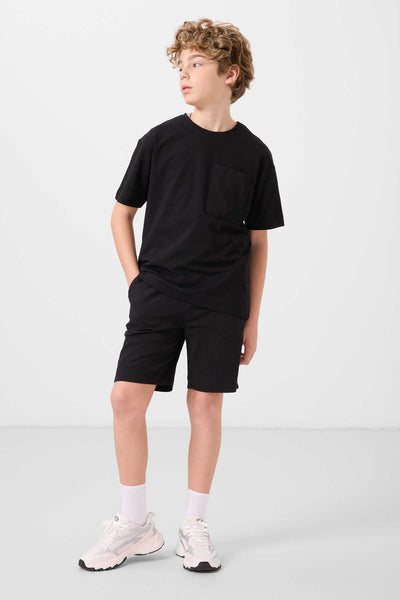Tommylife Toptan Pamuklu Oversize Fit Dokuma Hafif Esnek Chino Erkek Çocuk Şort Takım 11278 Siyah
