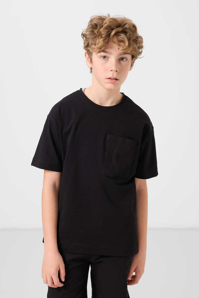 Tommylife Toptan Pamuklu Oversize Fit Dokuma Hafif Esnek Chino Erkek Çocuk Şort Takım 11278 Siyah