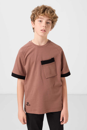 Tommylife Toptan Pamuklu Yumuşak Dokulu Oversize Cep Detaylı Erkek Çocuk T-Shirt 11295 Tarçın