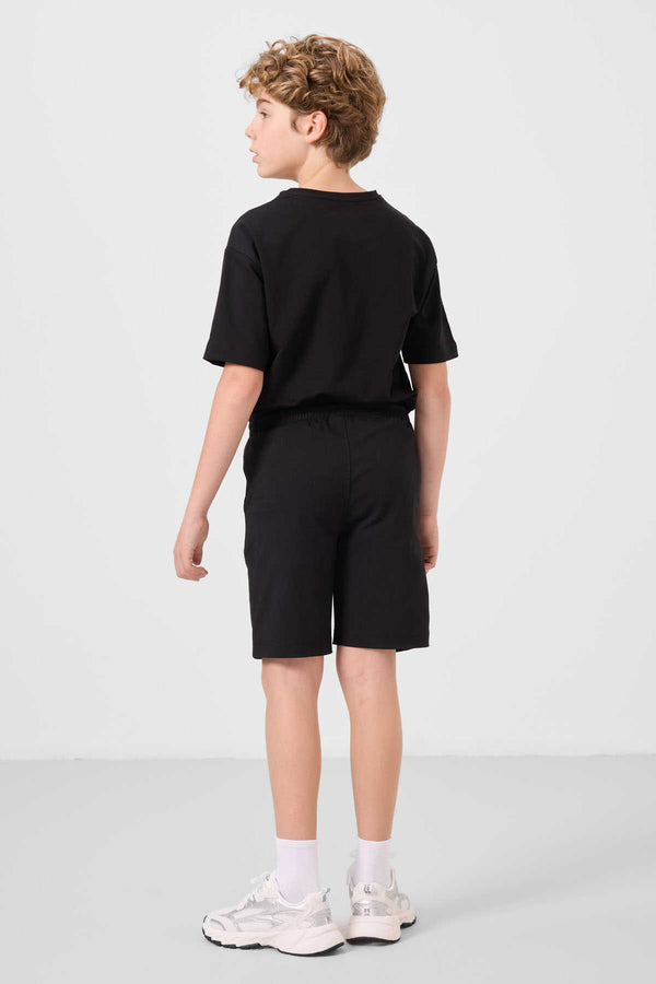 Tommylife Toptan Pamuklu Oversize Fit Dokuma Hafif Esnek Chino Erkek Çocuk Şort Takım 11277 Siyah