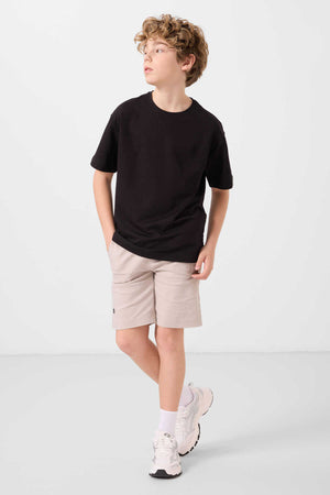 Tommylife Toptan Pamuklu Oversize Fit Dokuma Hafif Esnek Chino Erkek Çocuk Şort Takım 11277 Siyah-Taş