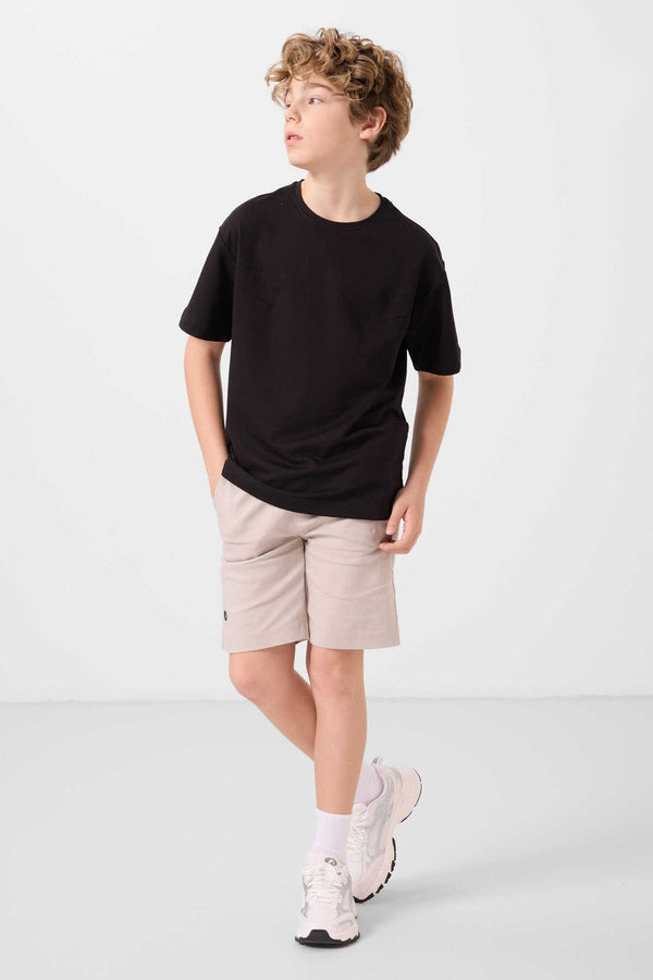 Tommylife Toptan Pamuklu Oversize Fit Dokuma Hafif Esnek Chino Erkek Çocuk Şort Takım 11277 Siyah-Taş