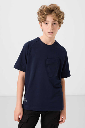 Tommylife Toptan Pamuklu Yumuşak Dokulu Oversize Cep Detaylı Erkek Çocuk T-Shirt 11295 Lacivert