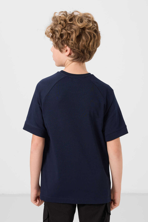 Tommylife Toptan Pamuklu Yumuşak Dokulu Oversize Cep Detaylı Erkek Çocuk T-Shirt 11295 Lacivert