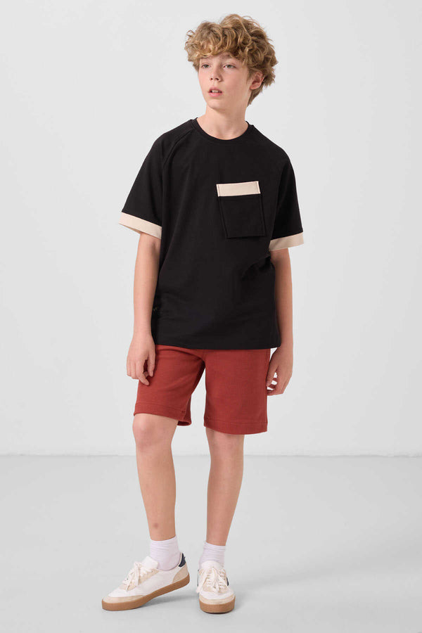 Tommylife Toptan Pamuklu Yumuşak Dokulu Oversize Cep Detaylı Erkek Çocuk T-Shirt 11295 Siyah